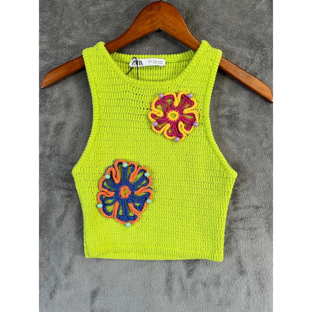 Zara Crochet Tank Top Small Neon Green 3D Floral Beaded Cropped Boho Festival - Picture 1 of 10